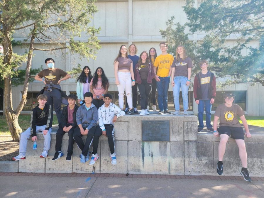 Science Olympiad poses outside of Missouri State University in Springfield, Missouri at their state competition on April 9, 2022.