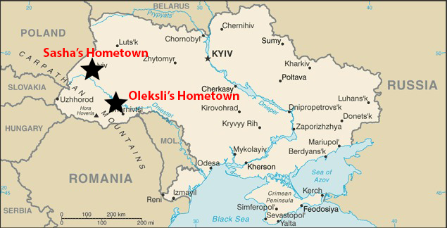 This map shows the locations of Sashas hometown of Lviv and Olekslis hometown of Pryvoroky. 