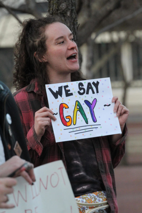 A protester holds up her sign, rebelling against the Dont Say Gay Bill. 