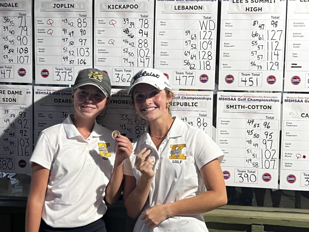 Sarah Trotman and Ellie Gutherie standing in front of their scores at Bill and Payne Stewart Golf Course after they found out they qualified for the state tournament! 