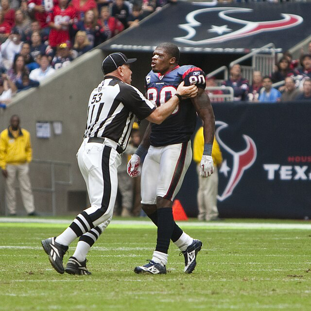 Andre Johnson being held back after a fight got started with cornerback Cortland Finnegan. Johnson was ejected from the game. 