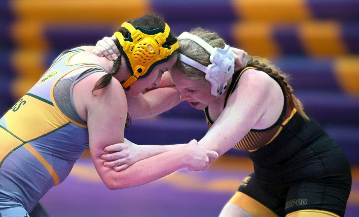 Kaitlyn Finley (right), a member of the girls wrestling team, showing off her techniques she brought to districts. 
