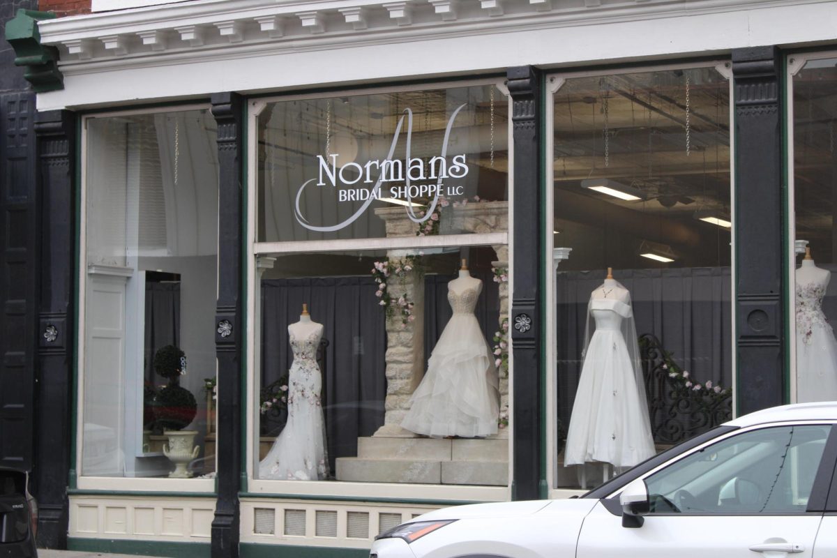 Prom+dresses+in+the+display+window+at+Normans+Bridal+shop