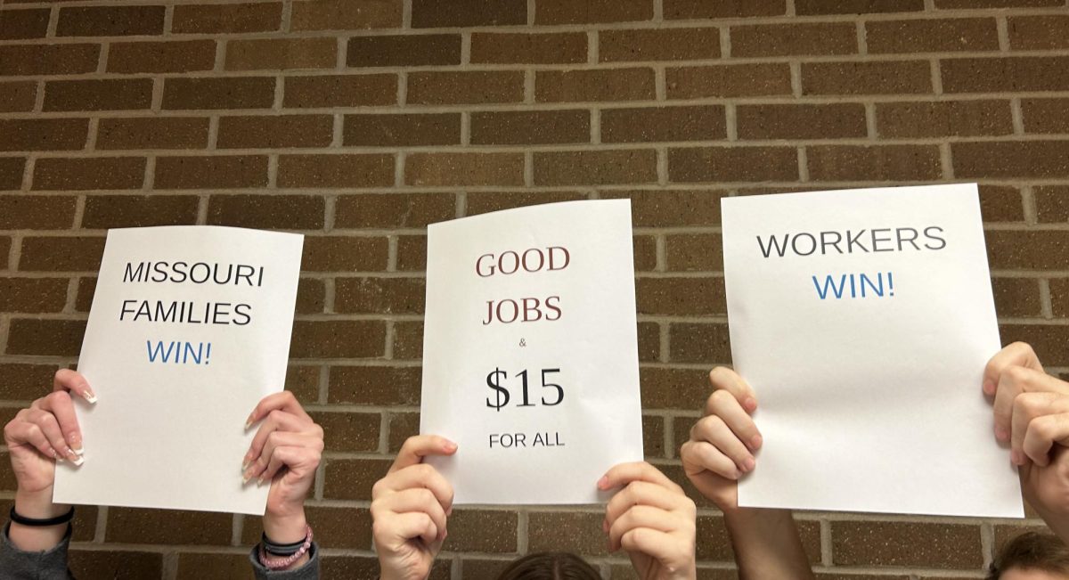 Several protestors in Missouri came together with signs like these hoping to increase the hourly wages. 