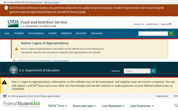 The websites of the Department of Education, the Department of Agriculture, and the Free Application for Federal Student Aid displaying messages of limited operation.
