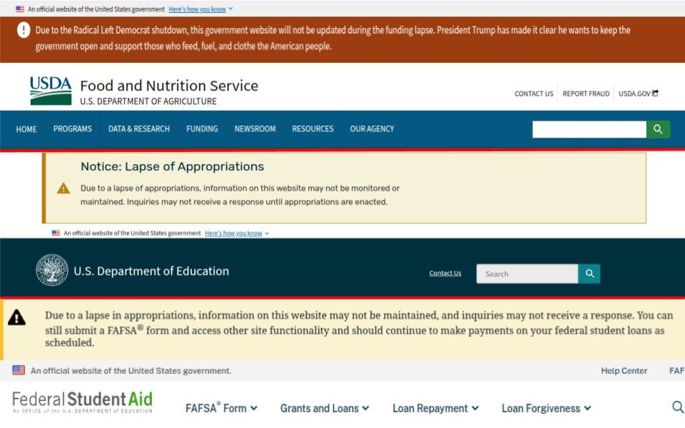 The websites of the Department of Education, the Department of Agriculture, and the Free Application for Federal Student Aid displaying messages of limited operation.